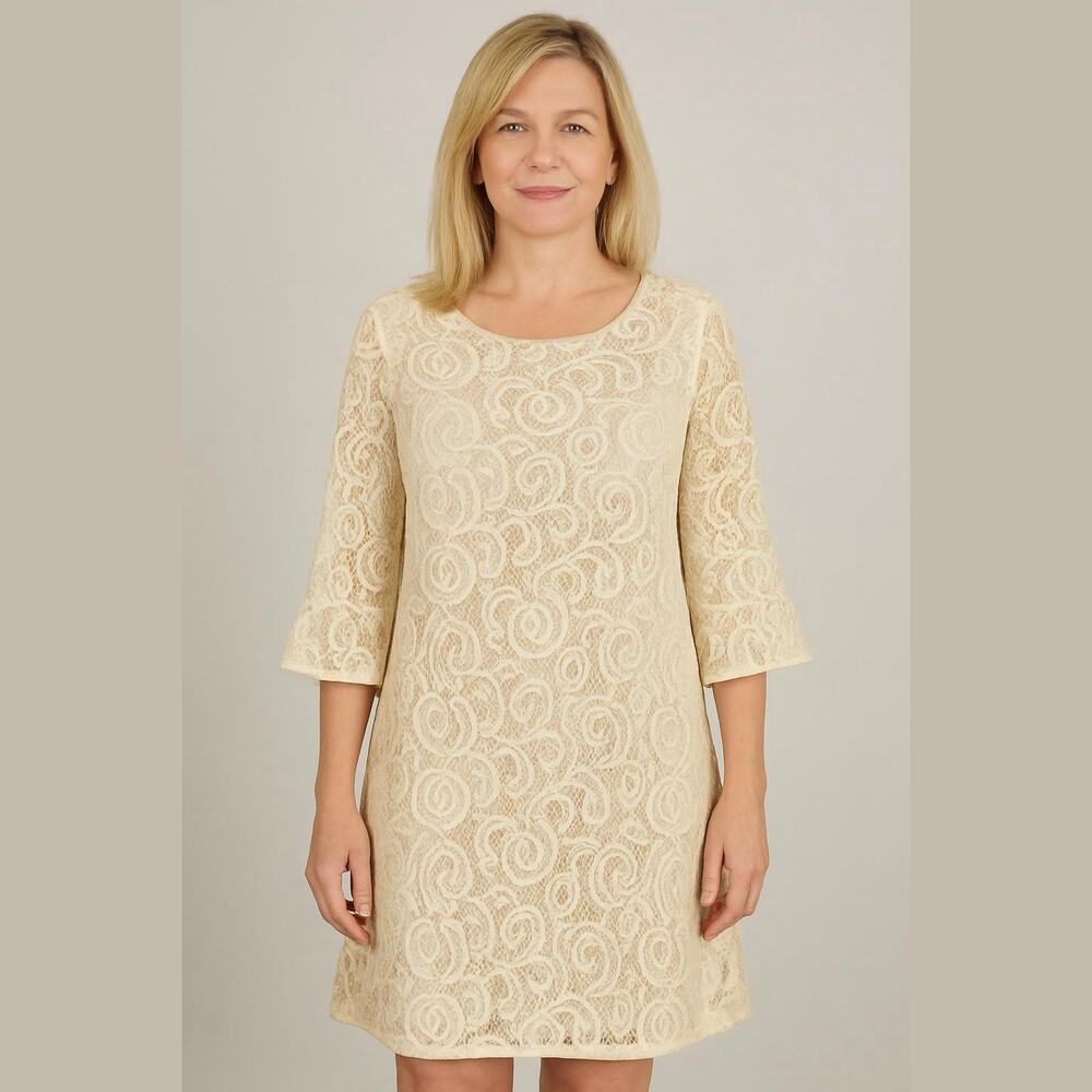 Tacera Cream Lace Overlay Sheer Bell Sleeve Cocktail Party Shift Dress S
